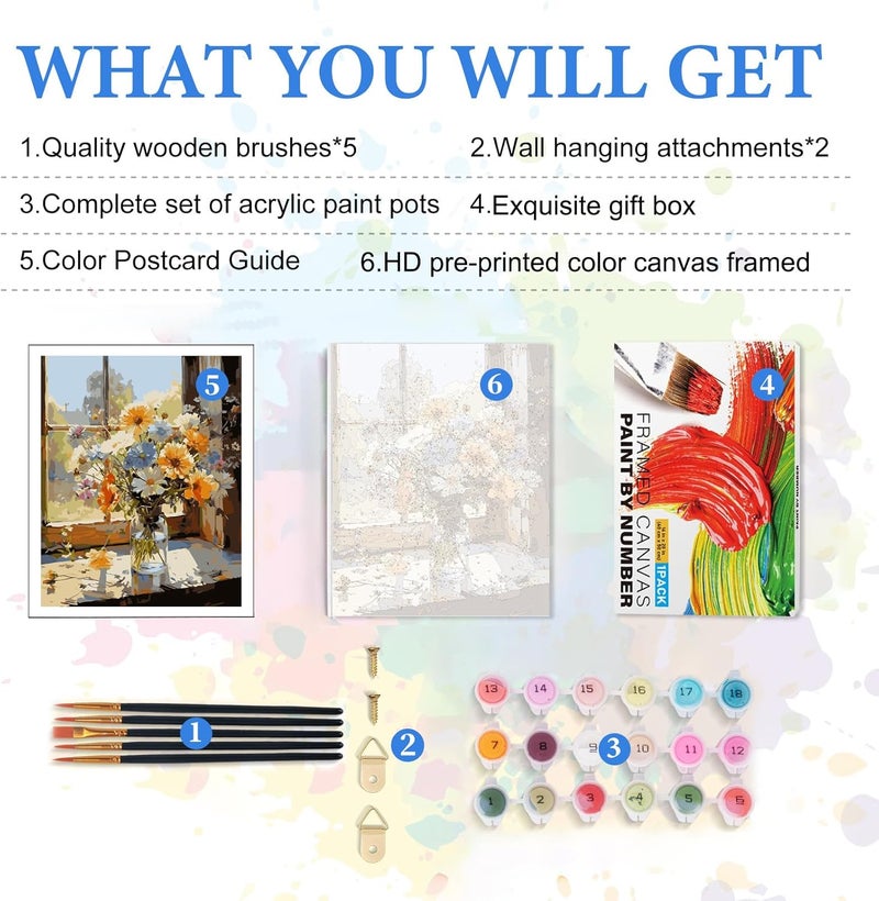 PRASIO Framed Paint by Numbers Kit for Adults Beginner, Flowers Adult Paint by Number Kits on Canvas Framed, DIY Acrylic Watercolor Oil Paint by Numbers with Frame for Gift Home Decor 16x20 Inch - Image 5